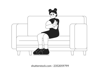 Displeased young girl with folded hands monochromatic flat vector character. Moody teenager sitting on couch. Editable thin line person on white. Simple bw cartoon spot image for web graphic design