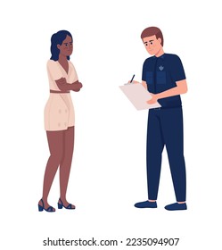 Displeased young woman complaining to policeman semi flat color vector characters. Editable figures. Full body people on white. Simple cartoon style illustration for web graphic design and animation