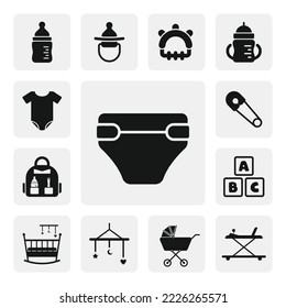Disposable baby diaper flat web icon, silhouette solid black icon vector. Newborn baby icons set