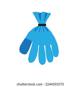 Disposable blue latex glove inflated with a patch at the thumb