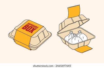 Disposable box, recyclable packs, take away packages, with dumplings, cartoon style. Vector illustrations. 2D flat design.