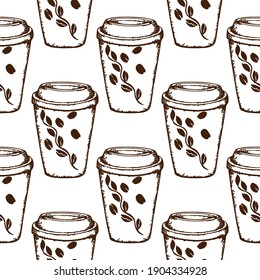 Disposable brown coffee cup. Pattern. Vector . Hand-drawn illustration. Doodle. Sketch. Isolated on a white background.