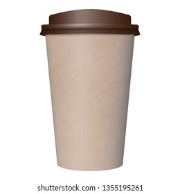 disposable brown kraft paper coffee cup with plastic cap isolated on white background, side view, mockup and template for design, stock vector illustration clip art