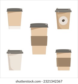Disposable cardboard coffee cups and lids. Takeaway cup for hot drinks. Isolated vector illustration set. Drink to go, morning drink, hot beverage