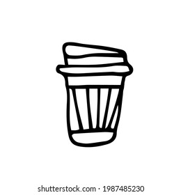 Disposable cardboard cup in doodle style on a white background. Glass of coffee