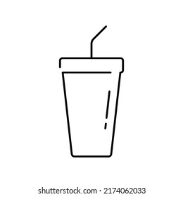Disposable cardboard cup with a straw. Vector illustration in outline style