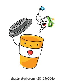 The disposable cardboard cup takes off the lid like a hat. The tea bag jumps into hot water. Tea leaves with flowers, dishes with a heart.