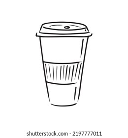 Disposable carton cup with plastic cap lid isolated on white background. Vector hand drawn illustration of hot drink in doodle simple line vintage style. Engraved design, for cafe, coffee to go.