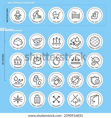 Disposable changing mat for babies set icons. The outline icons are well scalable and editable. Contrasting elements are good for different backgrounds. EPS10.