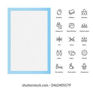 Disposable changing mat mockup with set icons. Vector illustration isolated on white background. Template for your product. EPS10.