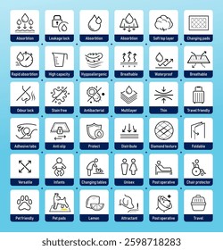 Disposable changing mat set icons.Suitable for pet, baby, adults users of changing mat.The outline icons are well scalable and editable. Contrasting elements are good for different backgrounds.EPS10.	