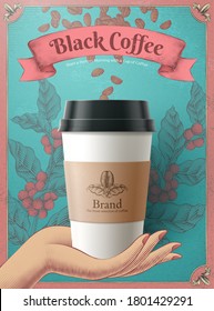 Café desechable en 3d ilustración sobre granos de café y hojas diseño grabado en fondo azul