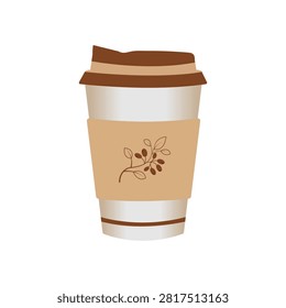 A disposable coffee cup with a brown lid a white body and a brown sleeve decorated with coffee beans vector illustration 