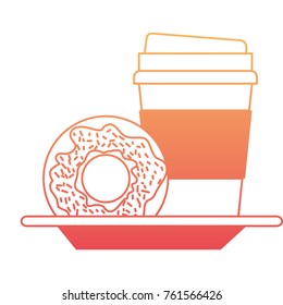 disposable coffee cup and donut chocolate glazed on dish in degraded orange to magenta color contour