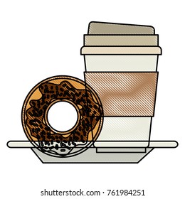 disposable coffee cup and donut chocolate glazed on dish in colored crayon silhouette on white background