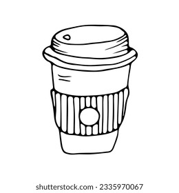 Disposable coffee cup in doodle style on an isolated white background.