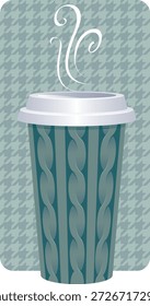 Uma xícara de café descartável com um padrão de suéter decorativo em malha a cabo, inspirado em têxteis acolhedores de inverno. Este design quente e reconfortante é comumente usado para mangas de caneca ou aconchegantes de xícara, tornando-o perfeito para marca de café sazonal, promoções de inverno e embalagem de bebidas quentes.