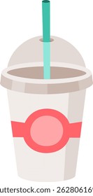 Disposable coffee cup featuring a domed lid and plastic straw, indicating a hot beverage ready for enjoyment while on the move, perfect for busy mornings or quick breaks