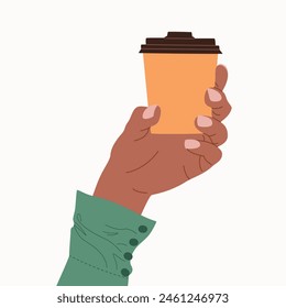 Disposable coffee cup in female hand. Morning hot drink. Hand drawn vector illustration isolated on white background. Modern flat cartoon style.