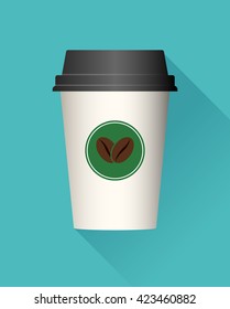 Disposable coffee cup flat design with coffee bean logo label vector illustration.