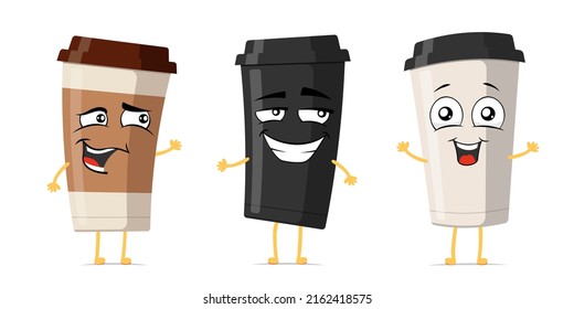 Einwegbarer Kaffeetasse lustige lächelnde Cartoon-Zeichensatz. Nehmen Sie Getränke süße Gesichtsausdruck Maskottchen Kollektion. Verschiedene Getränkebeutel freudige Comic-Emoticons Vektorgrafik