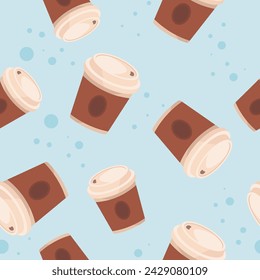 Disposable coffee cup to go. Seamless pattern background. Vector illustration in flat style.