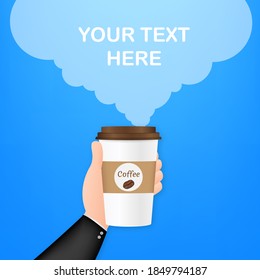 Disposable coffee cup in hand. Vector stock illustration.