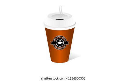 Disposable coffee cup icon with coffee beans logo on a white background.Used in printing and web.