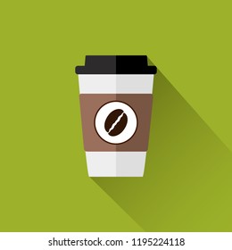 Disposable coffee cup icon with coffee beans logo on green background.