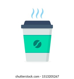 Disposable coffee cup icon with coffee beans logo, Vector illustration flat design with long shadow. EPS 10.