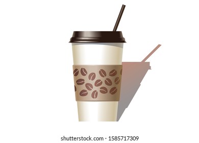 Disposable coffee cup icon with coffee beans logo, Vector illustration flat design with long shadow.