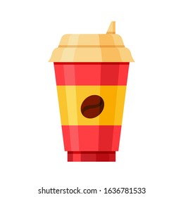 Disposable coffee cup icon with coffee beans sign. Paper coffee cup. Isolated on white background. Flat design. Cartoon style. Vector illustration.