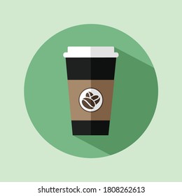 Disposable coffee cup icon with coffee beans logo, Vector illustration flat design  with shadow.