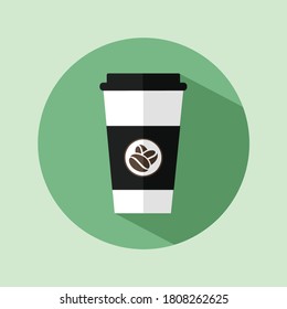 Disposable coffee cup icon with coffee beans logo, Vector illustration flat design  with shadow.