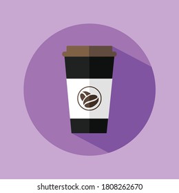 Disposable coffee cup icon with coffee beans logo, Vector illustration flat design  with shadow.