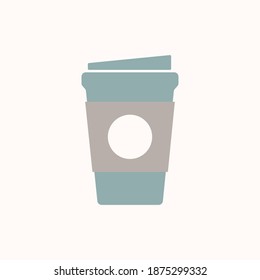 Disposable coffee cup icon with coffee beans logo, Vector illustration flat design with long shadow.