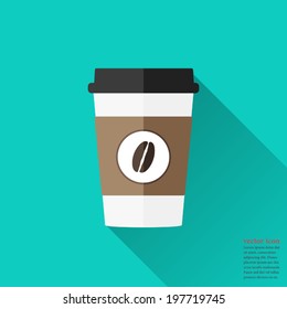 Disposable coffee cup icon with coffee beans logo, Vector illustration flat design with long shadow.