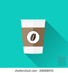 Disposable coffee cup icon with coffee beans logo, Vector illustration flat design with long shadow.