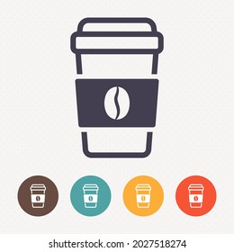 Disposable coffee cup icon with coffee beans logo on dot pattern background