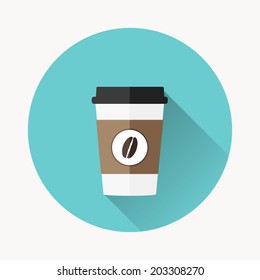 Disposable coffee cup icon with coffee beans logo, Vector illustration flat design with long shadow 