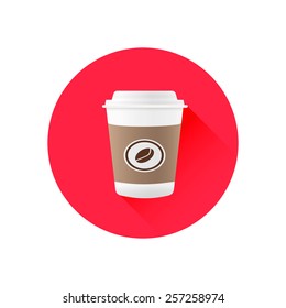 Disposable coffee cup icon with coffee beans logo. Menu element for cafe or restaurant with energetic fresh drink. Trendy flat design style. For web and print design