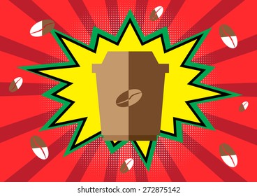 Disposable coffee cup icon with coffee beans logo, Vector illustration flat design with long shadow.