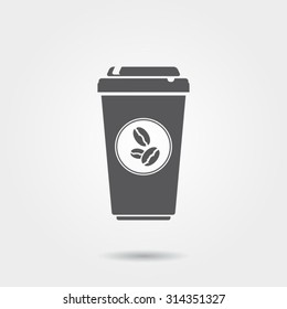 Disposable coffee cup icon with coffee beans