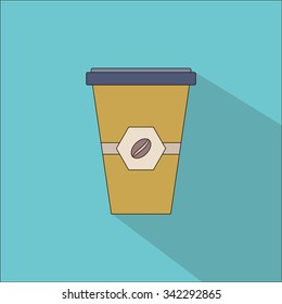 Disposable coffee cup icon with coffee beans logo, Vector illustration flat design with long shadow
