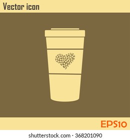 Disposable coffee cup icon with coffee beans, Vector illustratio