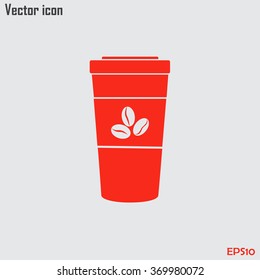 Disposable coffee cup icon with coffee beans, Vector illustratio