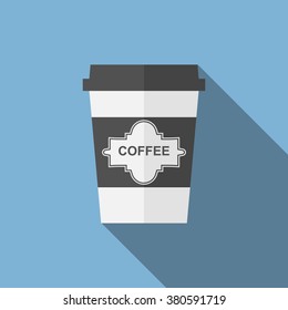 Disposable coffee cup icon with coffee beans logo with long shadow on blue background.