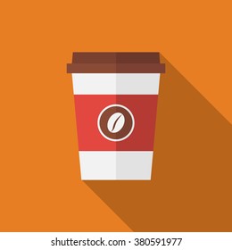 Disposable coffee cup icon with coffee beans logo with long shadow.