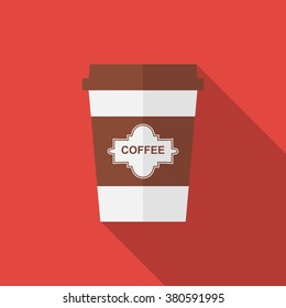 Disposable coffee cup icon with coffee beans logo with long shadow on red background.