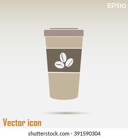 Disposable coffee cup icon with coffee beans, Vector illustratio